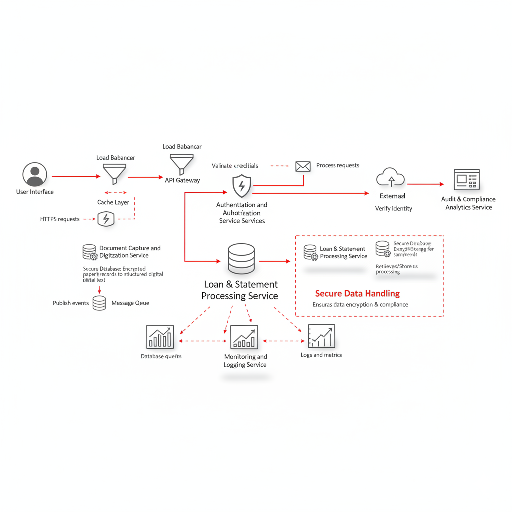 Banking and Financial Services OCR automation diagram depicting KYC & Onboarding Capture, Loan & Statement Processing, and Audit Compliance workflows.